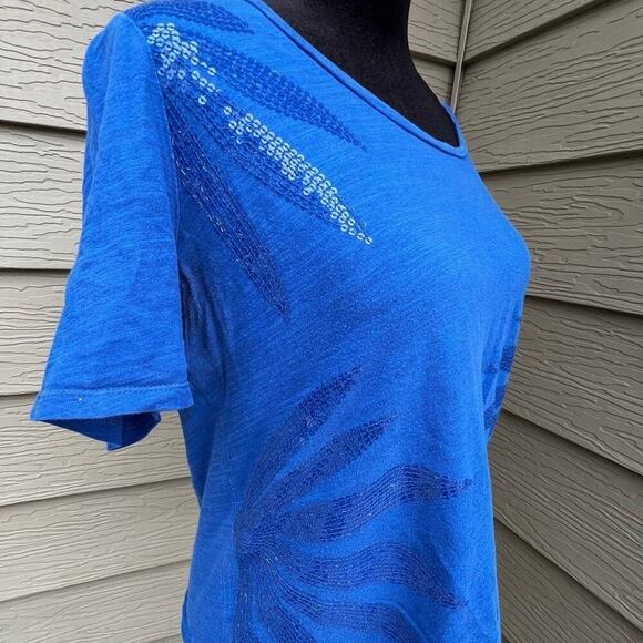 JONES NEW YORK sequin, short sleeve, rounded neckline. Blue T-shirt, women's PM - Picture 4 of 6